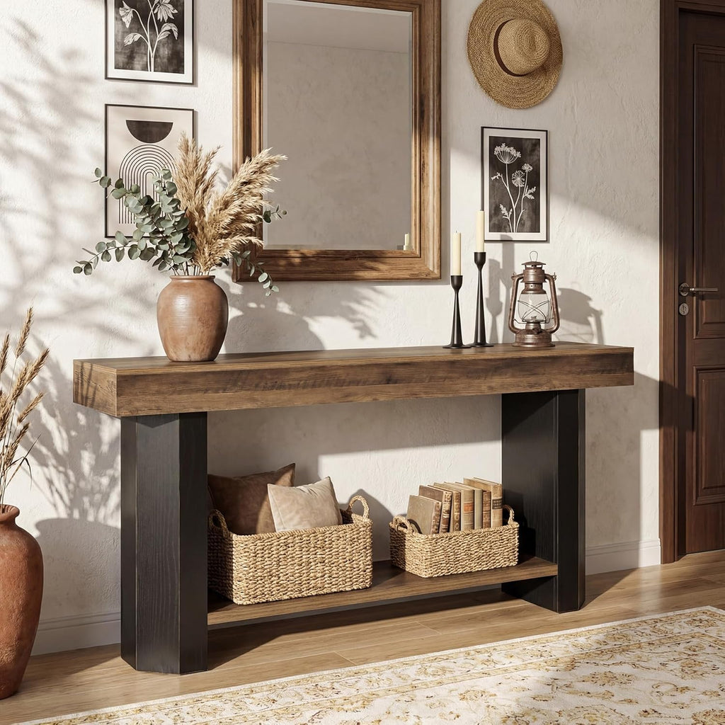 LITTLE TREE 63 in Console Table, 2 Tier Sofa Table Behind Couch, Long Console Sofa Tables for Living Room, Industrial Hallway Foyer Table for Entryway, Rustic Brown & Black