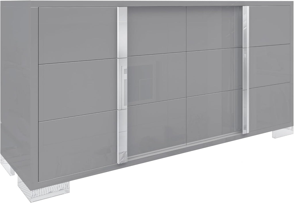 AMERLIFE 54" W High Gloss 6 Drawers Dressers with Silver Grooved Handles, Modern Storage Chest of Drawers with Wide Tabletop, for Bedroom/Dressing Room/Living Room, Grey