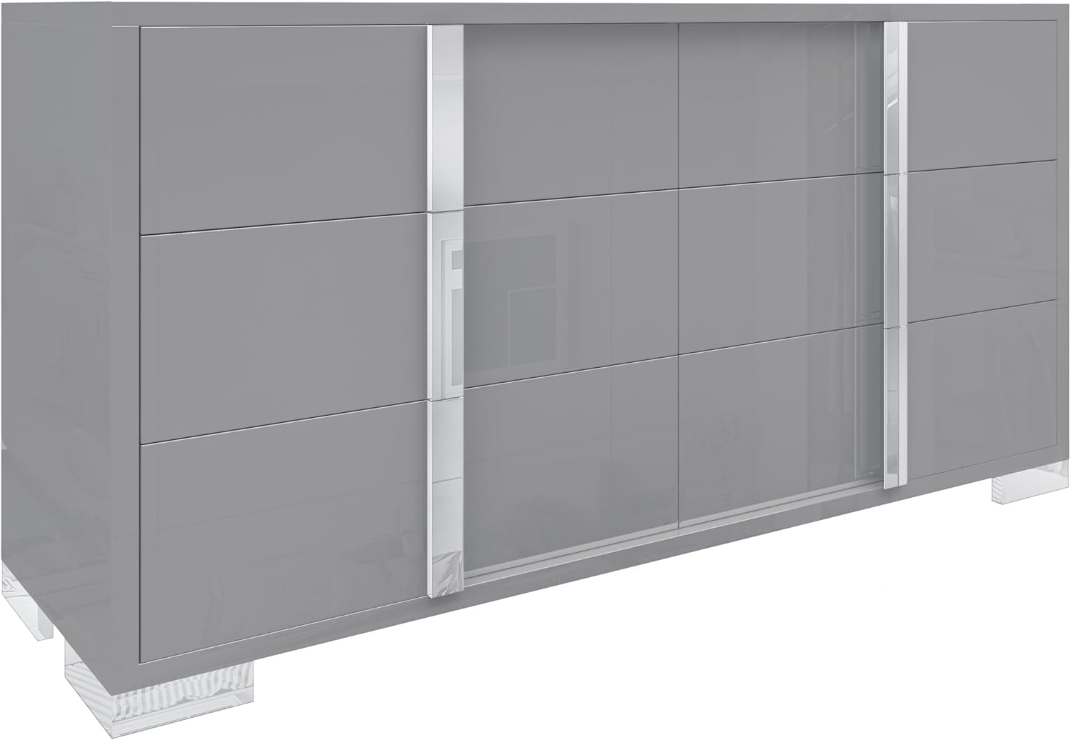 AMERLIFE 54" W High Gloss 6 Drawers Dressers with Silver Grooved Handles, Modern Storage Chest of Drawers with Wide Tabletop, for Bedroom/Dressing Room/Living Room, Grey