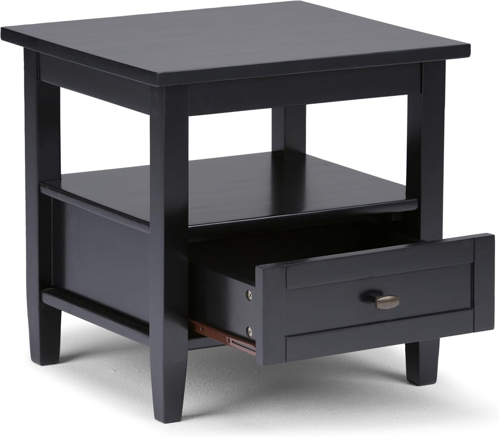 SIMPLIHOME Warm Shaker End Table - 20" Wide x 20" High Solid Wood Side Table in Black, Transitional Accent Table for Living Room or Bedroom with Drawer, Open Shelf and Square Tapered Legs