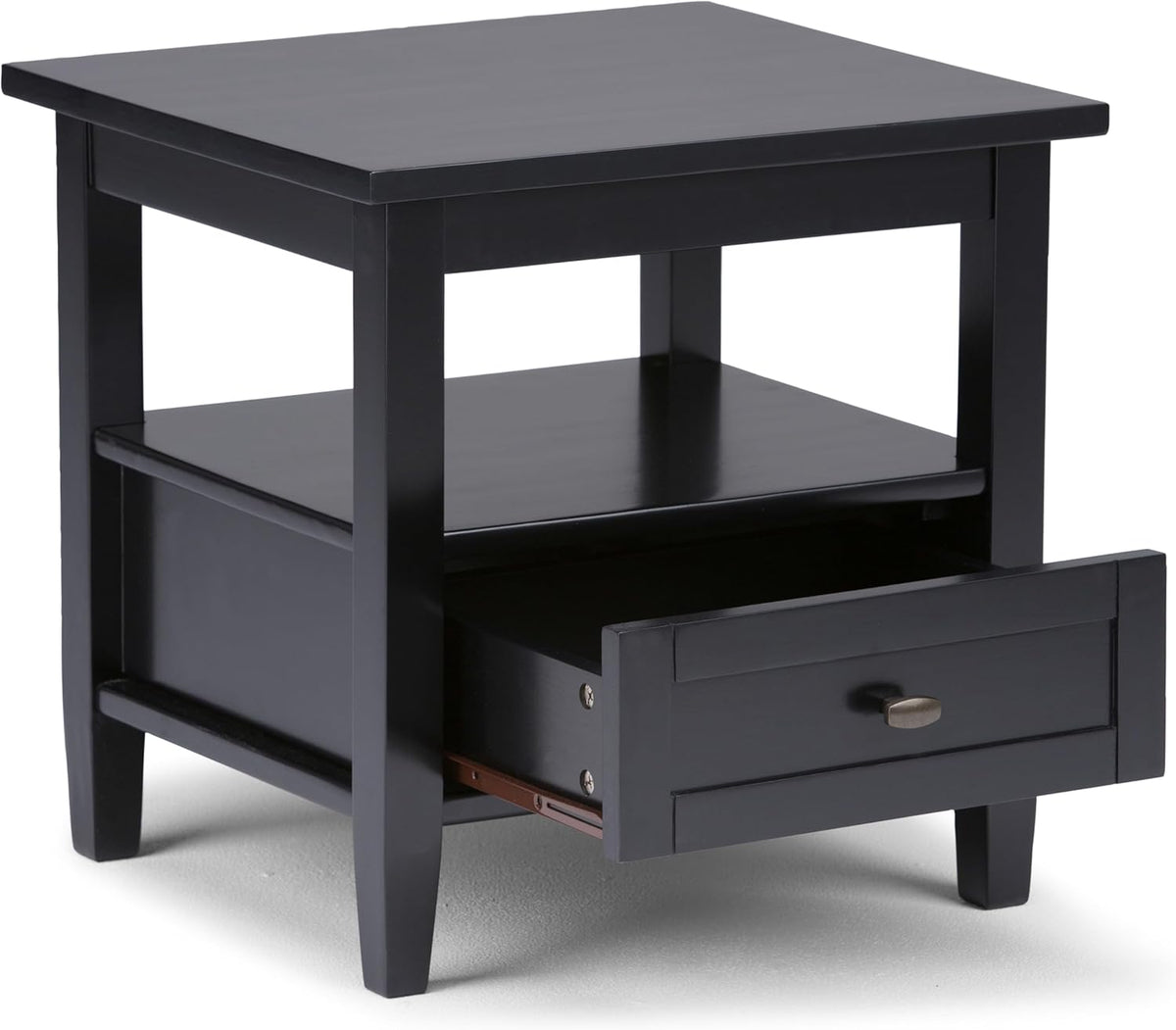 SIMPLIHOME Warm Shaker End Table - 20" Wide x 20" High Solid Wood Side Table in Black, Transitional Accent Table for Living Room or Bedroom with Drawer, Open Shelf and Square Tapered Legs