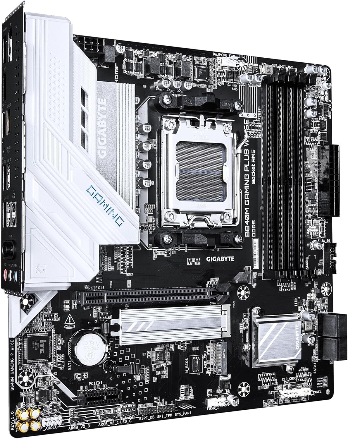 GIGABYTE B840M GAMING PLUS WIFI6E AMD AM5 mATX Motherboard, Support Ryzen 9000/8000/7000 Series, 8+2+2 Power Phase, DDR5, 2x M.2, PCIe 4.0, USB-C 3.2 Gen 1, WiFi 6E, GbE LAN, EZ-Latch, 3-Year Warranty