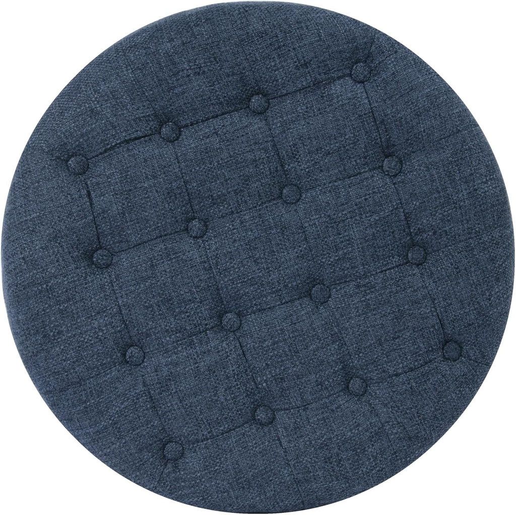 Homepop Home Decor | Large Button Tufted Woven Round Storage Ottoman for Living Room & Bedroom (Navy Woven) 25 inch D x 25 inch W x 15 inch H