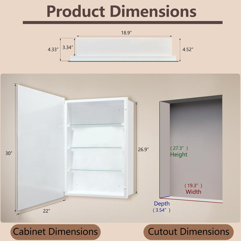 22”x30'' Frameless Beveled Mirror Medicine Cabinet, Removeable Shelf,Surface/Recessed Mount,Bathroom Cabinet with Storage