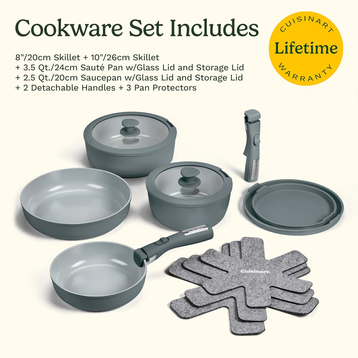 Cuisinart 13-Pc, ClickSmart Nonstick Detachable Handle Ceramic Cookware, Pots and Pans Set, Stackable Space-Saving Design, Compatible with All Stovetops, Induction & Oven Safe, PURELYCERAMIC