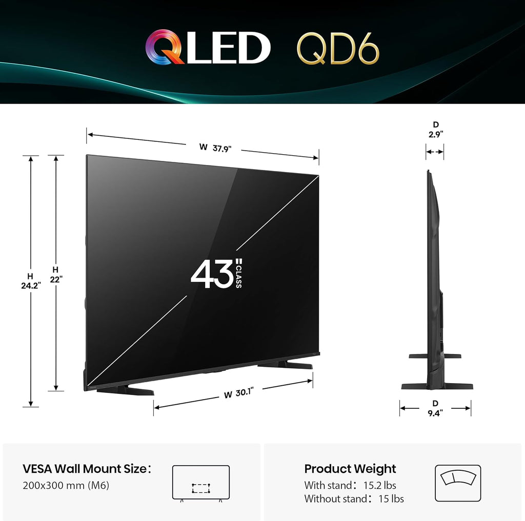 Hisense 43" Class QD6 Series (43QD6QF, 2025 Model) QLED 4K UHD Smart Fire TV, Voice Remote with Alexa, Dolby Vision, Dolby Atmos, Motion Rate 120, HDR 10+, Game Mode Plus, MEMC, VRR, ALLM