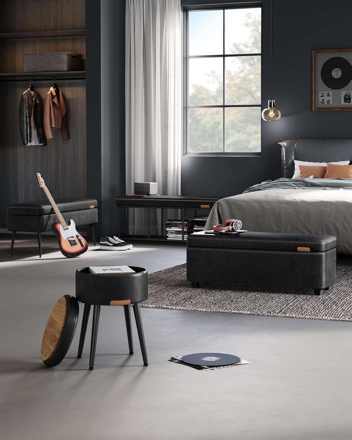 VASAGLE EKHO Collection - Storage Ottoman Bench, Entryway Bedroom Bench, 25 Gallons, Synthetic Leather with Stitching, Mid-Century Modern, Safety Hinges, Loads 660 lb, Ink Black ULOM075B01