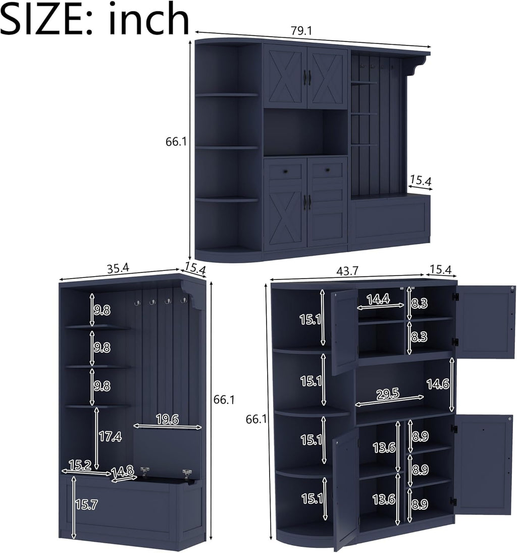 LUMISOL Wide Hall Tree with Storage and 4 Hooks, Left-Right Combination Hall Cabinet, Can Be Used Separately, Entryway Storage Cabinet with Bench, for Living Room Kitchen, Antique Blue