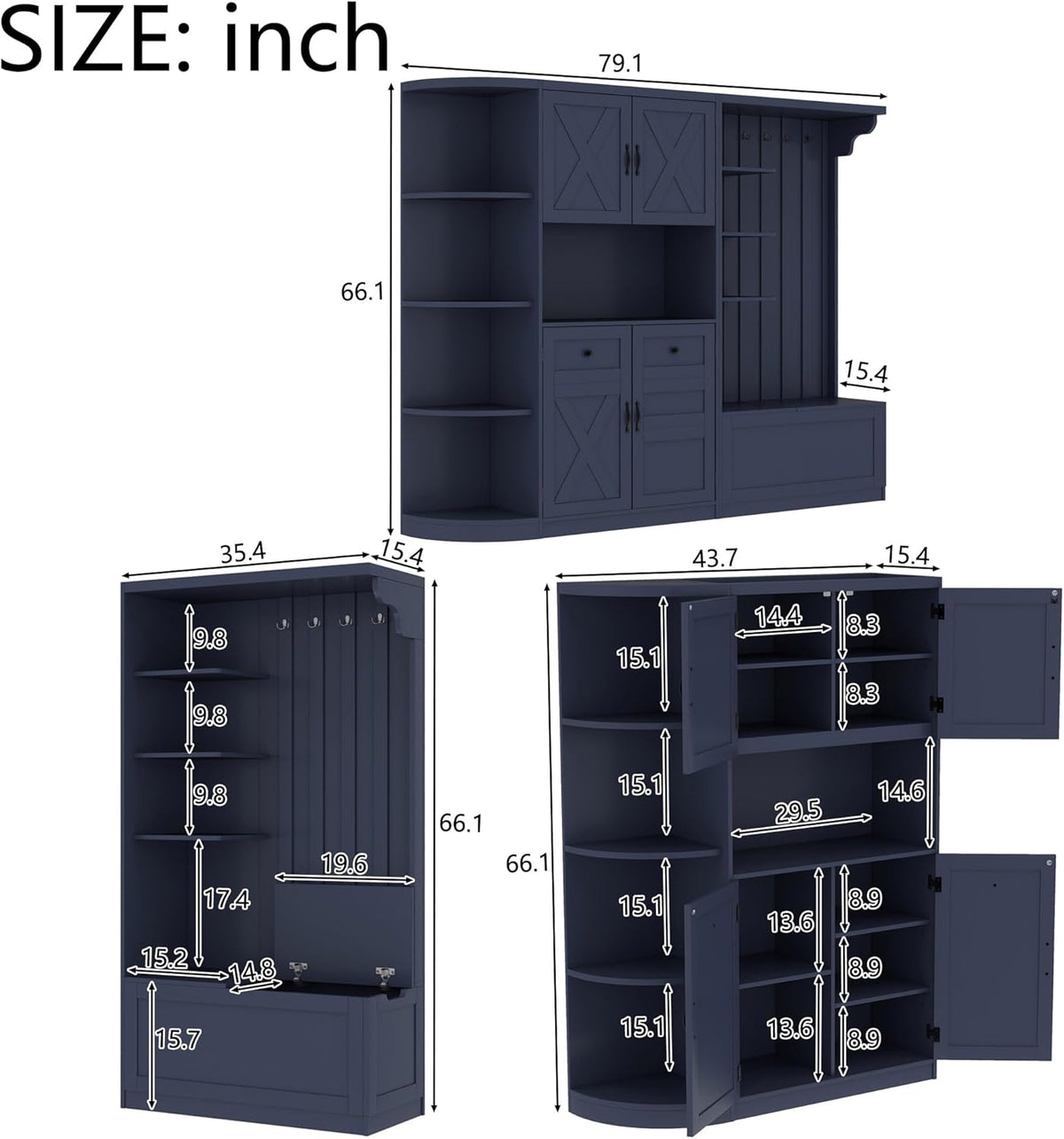 LUMISOL Wide Hall Tree with Storage and 4 Hooks, Left-Right Combination Hall Cabinet, Can Be Used Separately, Entryway Storage Cabinet with Bench, for Living Room Kitchen, Antique Blue