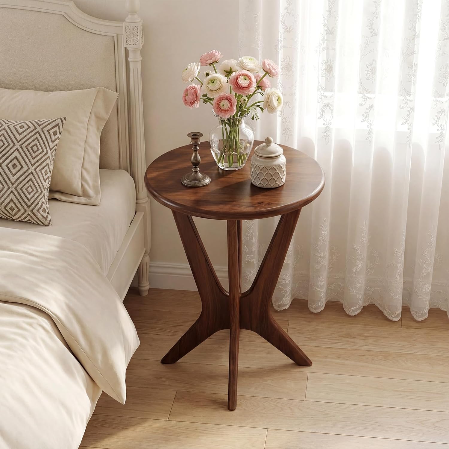 LITTLE TREE Solid Wood Round End Table, 19.7” Vintage Side Table for Small Spaces, Small Round Nightstand Bedside Table for Living Room Bedroom, Brown