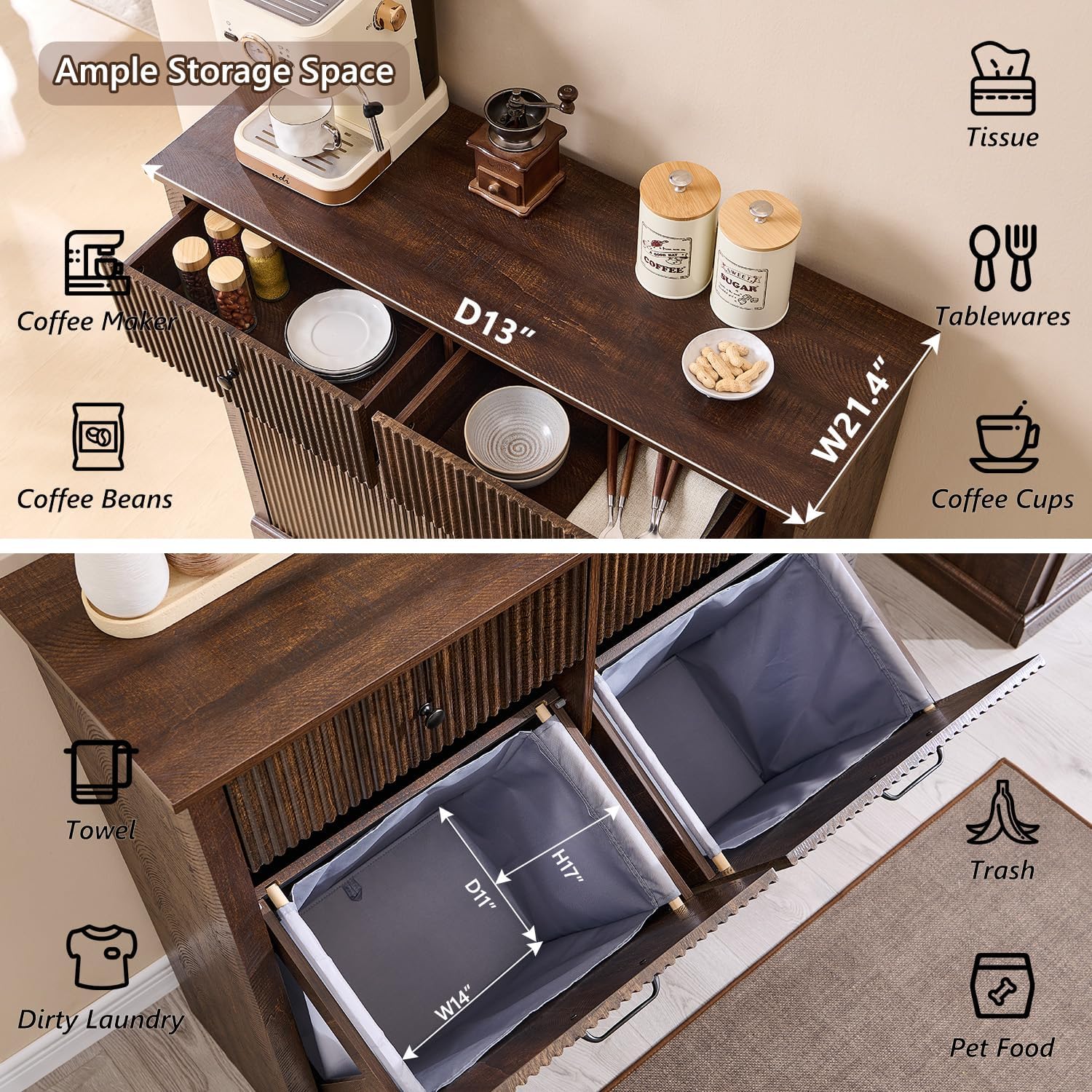 IFBUY Modern Double Tilt-Out Laundry Hamper Cabinet, 20 Gallon Fluted Trash Can Cabinet w/2 Drawers, Wooden Hidden Garbage Can Cabinets w/Laundry Basket, Free Standing for Bathroom and Kitchen, Brown