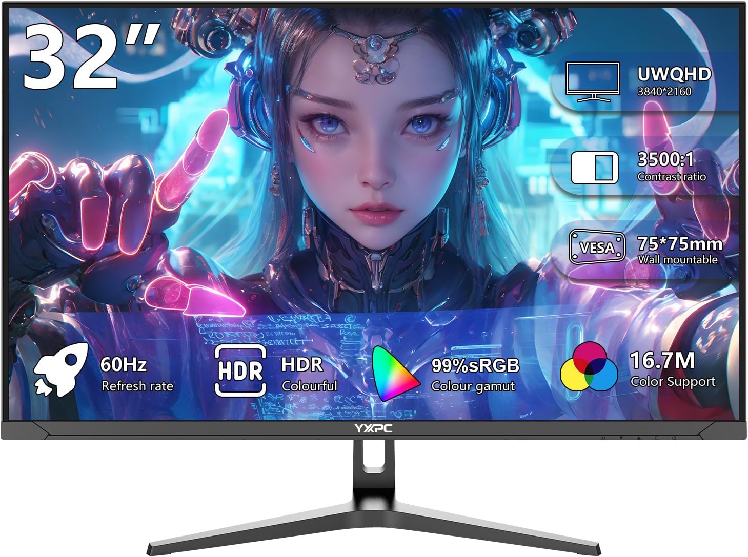 32 inch Gaming Computer Monitor 4K WQHD 3840 x 2160, 60hz,IPS Panel, 3500:1,AMD FreeSync Premium, 99% sRGB,HDMI, Display Port, Eye Saver/Flicker Free Mode, Compatible with Wall mounting 75 x 75MM