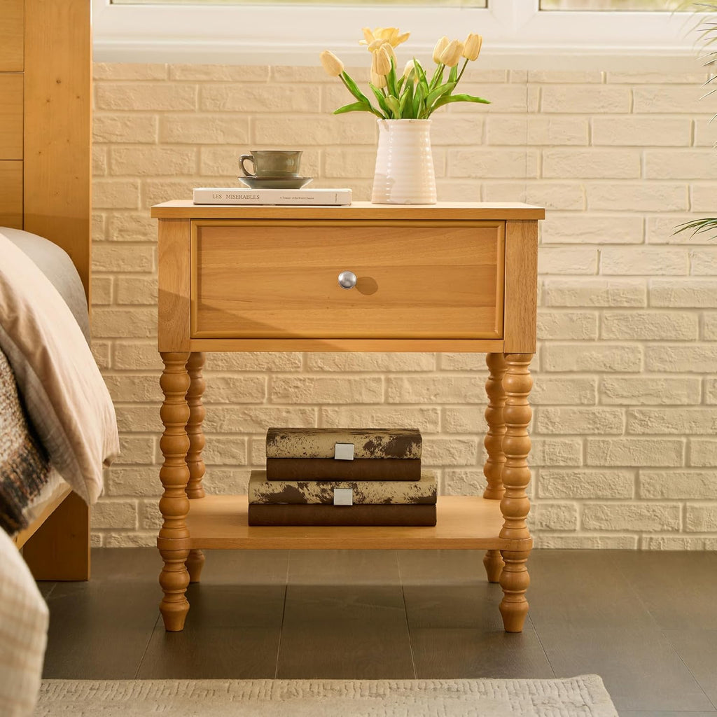 AMERLIFE 24" Wood Nightstand Set of 2, Vintage Bedside Table for Bedroom, Solid Wood Night Stand with Turned Legs, End Table with Drawer & Open Shelf, Natural Finish