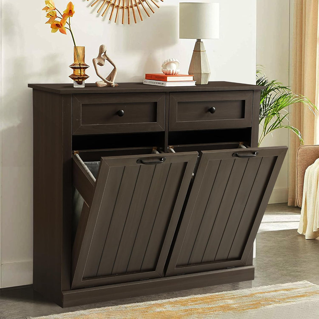 Double Tilt Out Laundry Hamper Cabinet, Modern Farmhouse Trash Can Cabinet w/2 Drawers, Wooden 22 Gallon Hidden Garbage Cabinets with 2 Laundry Storage Baskets for Kitchen and Bathroom (Grey)