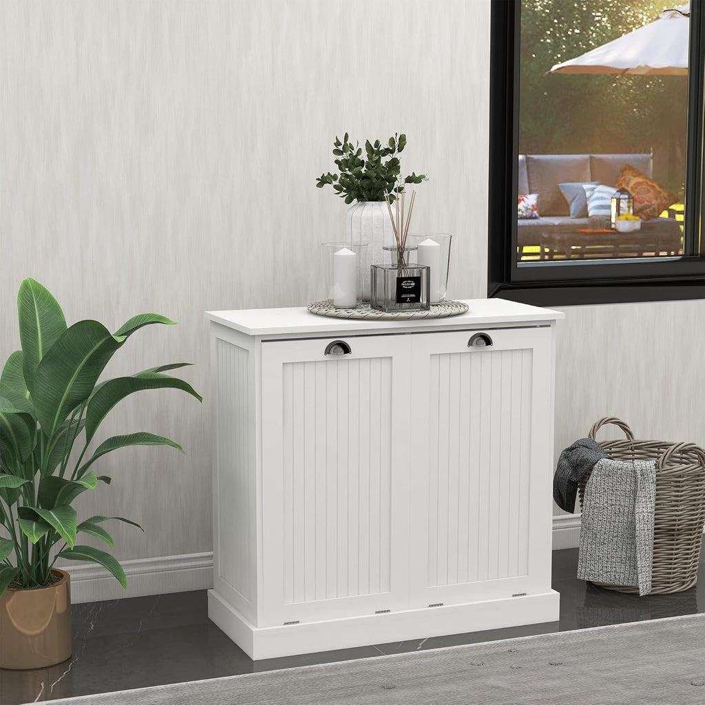 LUMISOL Double Tilt-Out Laundry Hamper Cabinet, Modern Laundry Cabinet with Removable Fabric Baskets, Wooden Bathroom Storage Cabinets with Doors for Living Room, Kitchen, White
