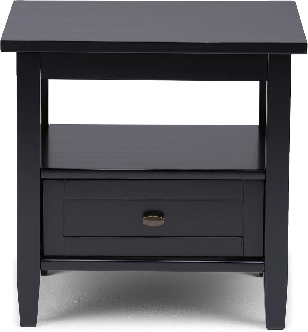 SIMPLIHOME Warm Shaker End Table - 20" Wide x 20" High Solid Wood Side Table in Black, Transitional Accent Table for Living Room or Bedroom with Drawer, Open Shelf and Square Tapered Legs