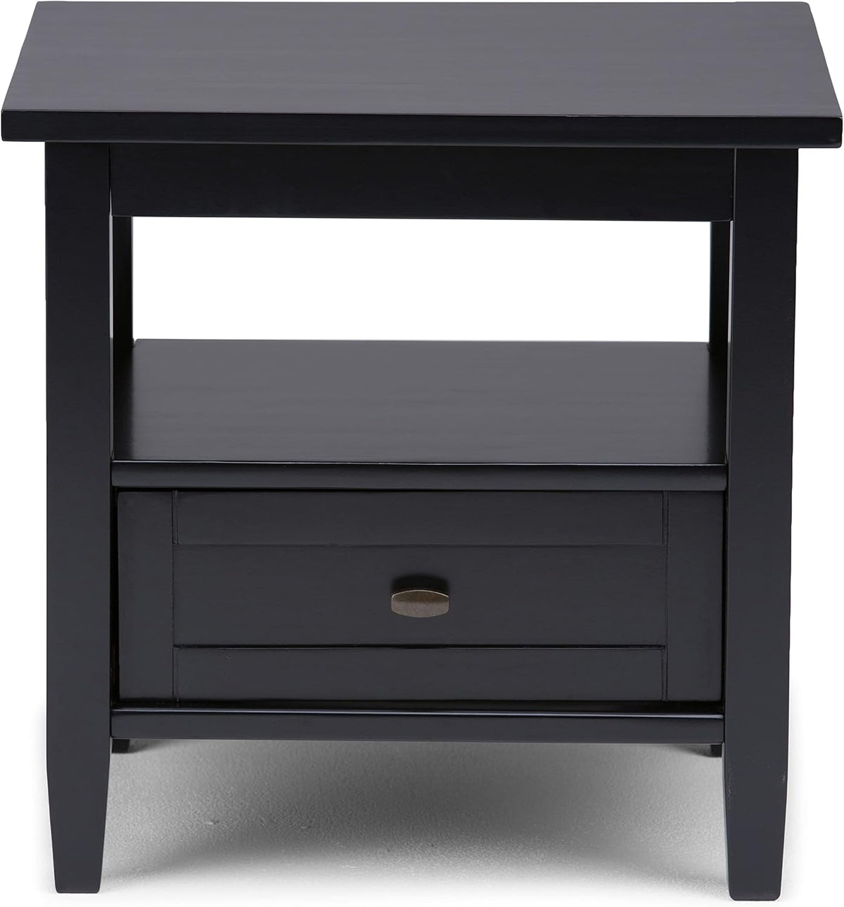 SIMPLIHOME Warm Shaker End Table - 20" Wide x 20" High Solid Wood Side Table in Black, Transitional Accent Table for Living Room or Bedroom with Drawer, Open Shelf and Square Tapered Legs