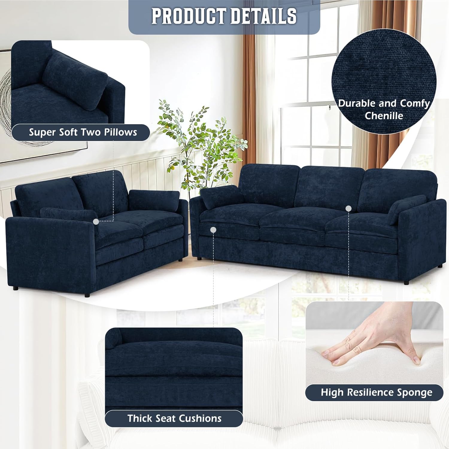 Classic Chenille Sofa Set with 2 Extra Armrest Pillows, Loveseat and 3-Seat Sofa with Upholstered Seat & Backrests, 2 Pieces Sectional Couch with Thickened Cushions for Living Room, Blue