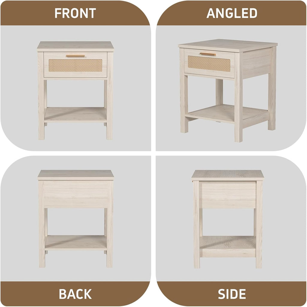 Set of 2 Nightstands, Modern End Table with Drawer and Storage Shelf, Rattan Night Stand for Bedroom Small Spaces, White Cream
