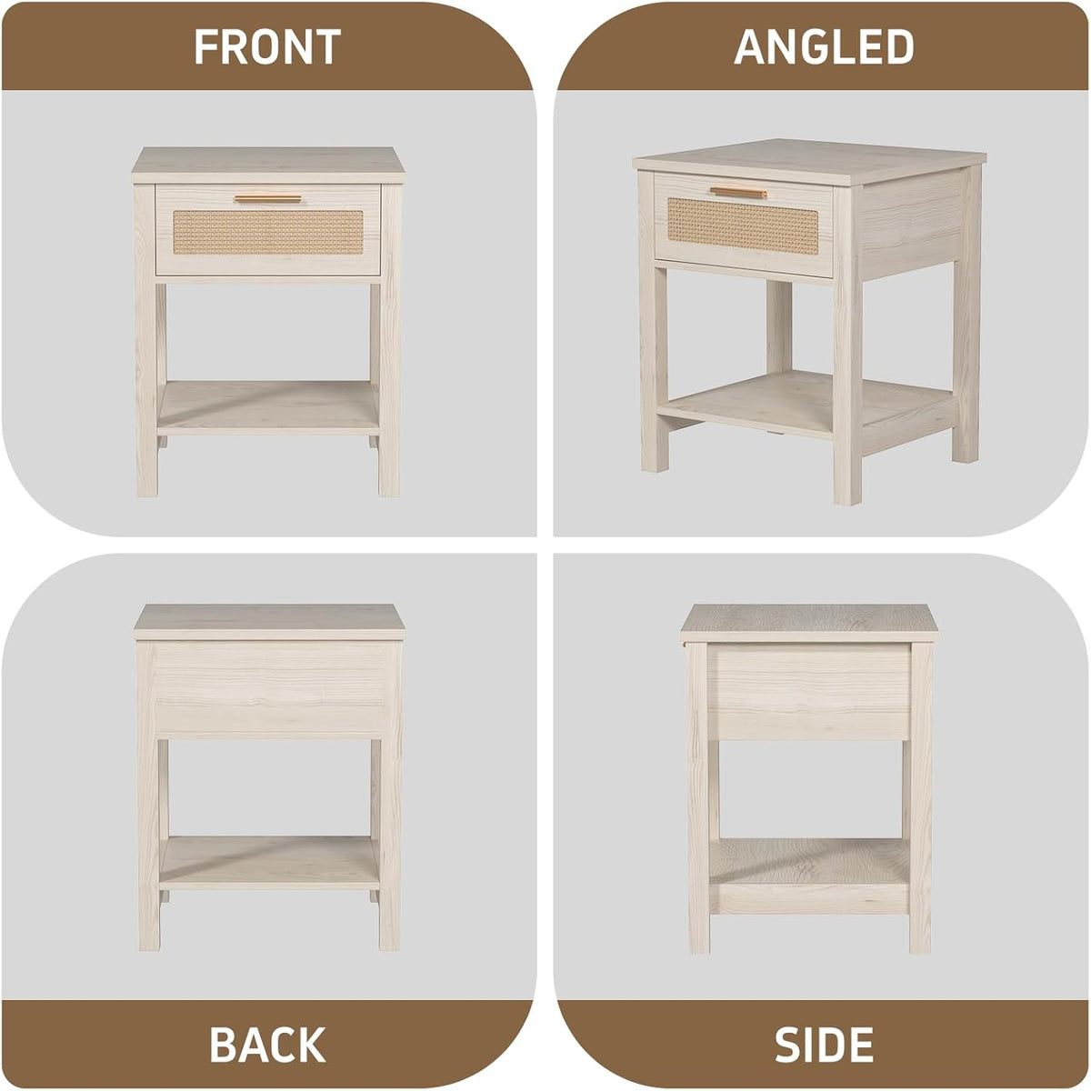 Set of 2 Nightstands, Modern End Table with Drawer and Storage Shelf, Rattan Night Stand for Bedroom Small Spaces, White Cream