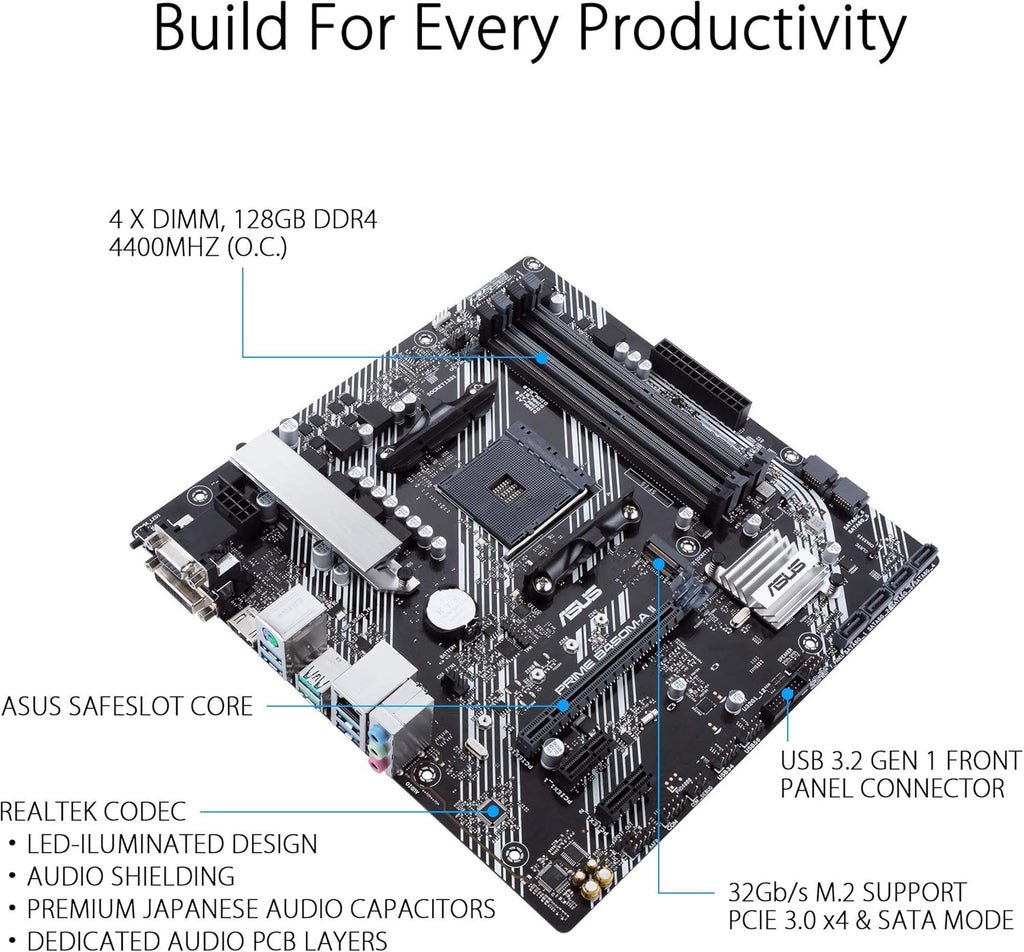ASUS Prime B450M-A II AMD AM4 (Ryzen 5000, 3rd/2nd/1st Gen Ryzen Micro ATX Motherboard (128GB DDR4, 4400 O.C.), NVMe, HDMI 2.0b/DVI/D-Sub, USB 3.2 Gen 2, BIOS Flashback, and Aura Sync)