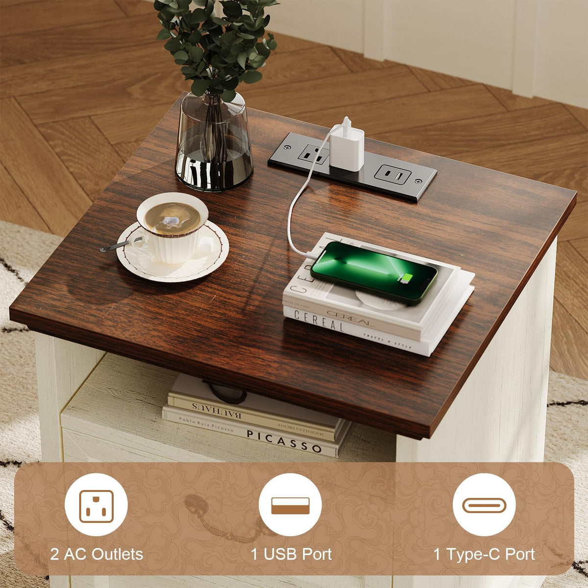 knoword 18'' Wide Farmhouse Nightstands with Charging Station, Wood Square Nightstand with 2 Large Drawers, Bedside Table, Rustic End Table for Bedroom, White