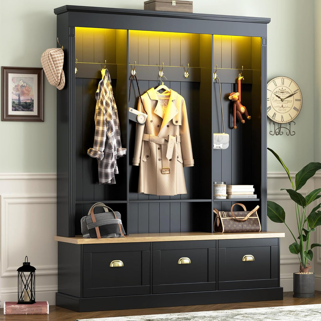 Elegant APP Controlled LED Light Hall Tree with 9 Golden Hooks, Roman Column Design Natural Storage Bench with 3 Large Cabinets, Farmhouse Entryway Organizer with Shelves for Mudroom, Hallway, Black