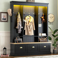 Elegant APP Controlled LED Light Hall Tree with 9 Golden Hooks, Roman Column Design Natural Storage Bench with 3 Large Cabinets, Farmhouse Entryway Organizer with Shelves for Mudroom, Hallway, Black
