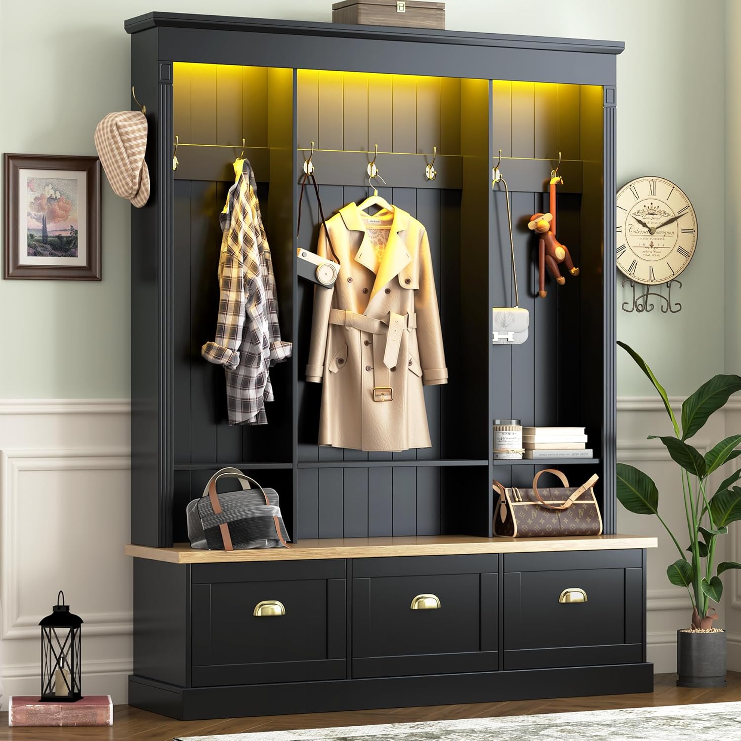 Elegant APP Controlled LED Light Hall Tree with 9 Golden Hooks, Roman Column Design Natural Storage Bench with 3 Large Cabinets, Farmhouse Entryway Organizer with Shelves for Mudroom, Hallway, Black