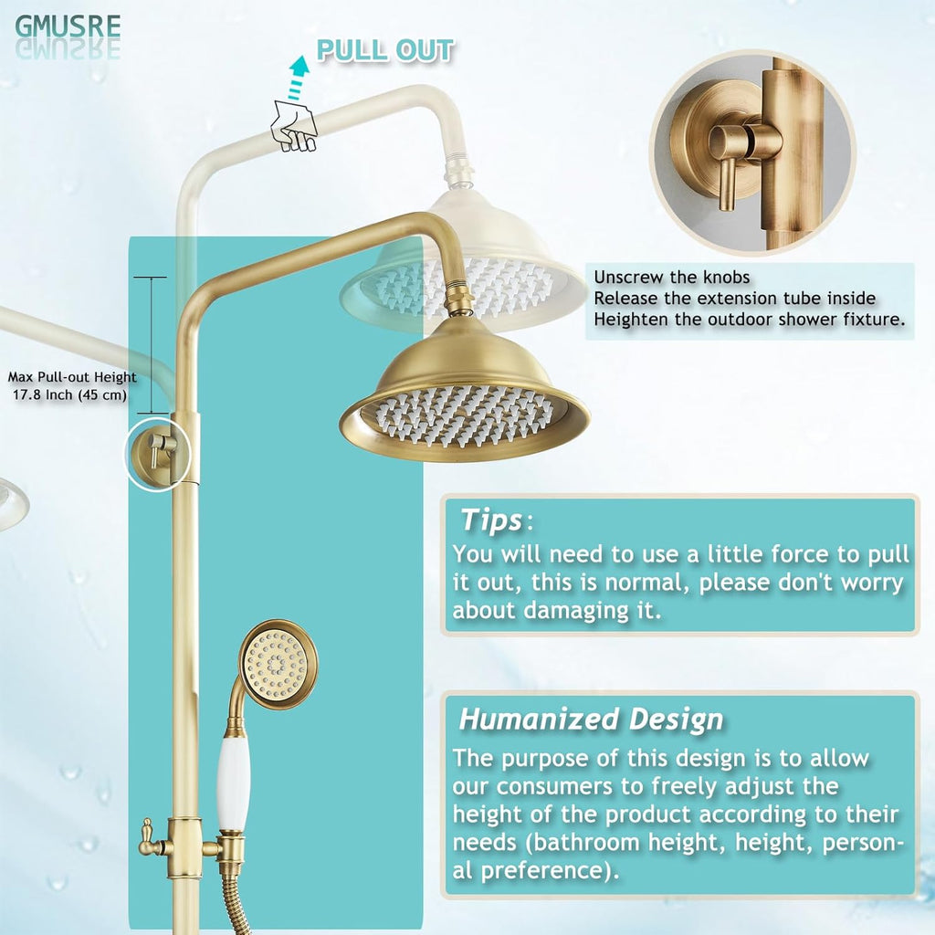 Antique Brass Shower System Outdoor Shower Fixtures with 8 Inch Rain Shower Head and Double Cross Handles Bathroom Shower Faucet Set
