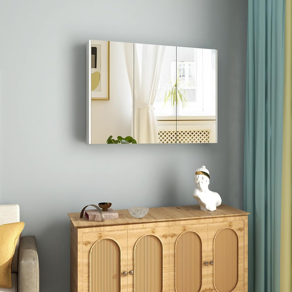 Tangkula Medicine Cabinet with Mirror, Frameless Bathroom Wall Mounted Cabinet with 3 Doors and Adjustable Shelves, Storage, Recess or Surface Mount Installation