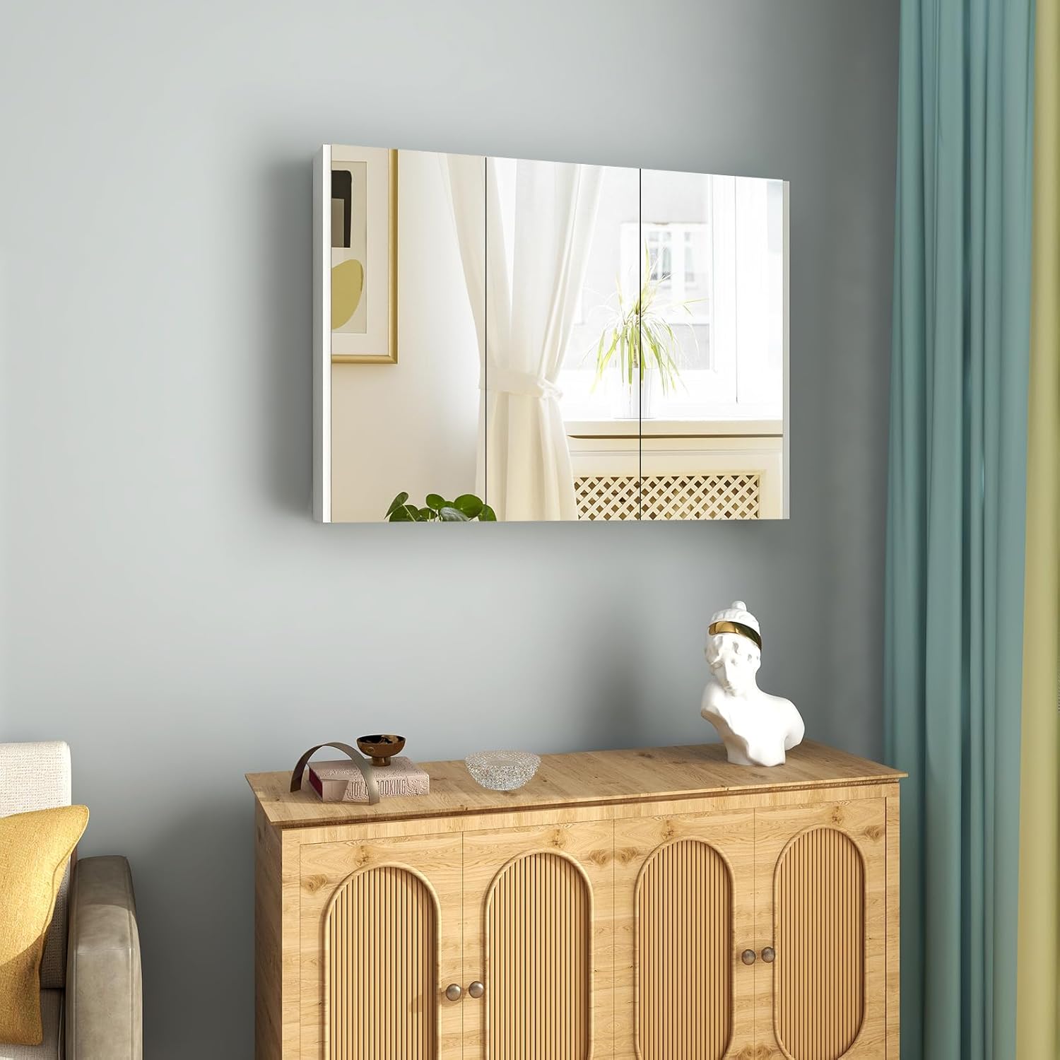 Tangkula Medicine Cabinet with Mirror, Frameless Bathroom Wall Mounted Cabinet with 3 Doors and Adjustable Shelves, Storage, Recess or Surface Mount Installation