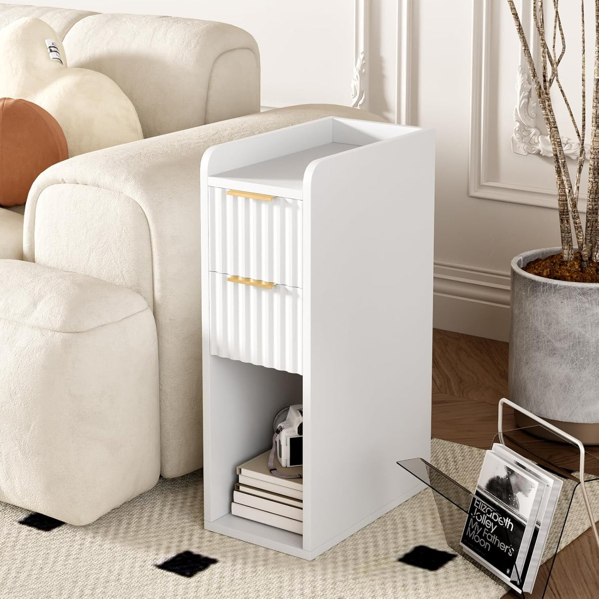Narrow Nightstand Set of 2, 7.9" Wood Nightstands w/Fluted 2 Drawer, Slim Bed Side End Table Small Spaces Modern Skinny Wooden Night Stand for Bedroom, Living Room, White