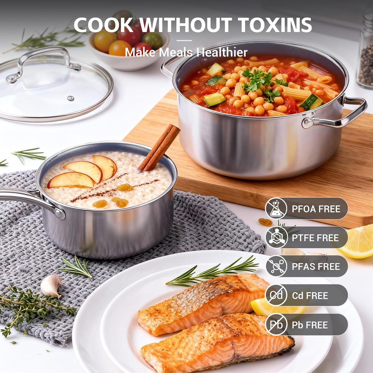 Ammeloo Hybrid Stainless Steel Cookware Set, 17-Piece Tri-Ply Pots and Pans Set Non Stick, Induction Kitchen Cookware Sets, Dishwasher & Oven Safe, PFOA Free, All Cooktops Compatible, Navy Blue
