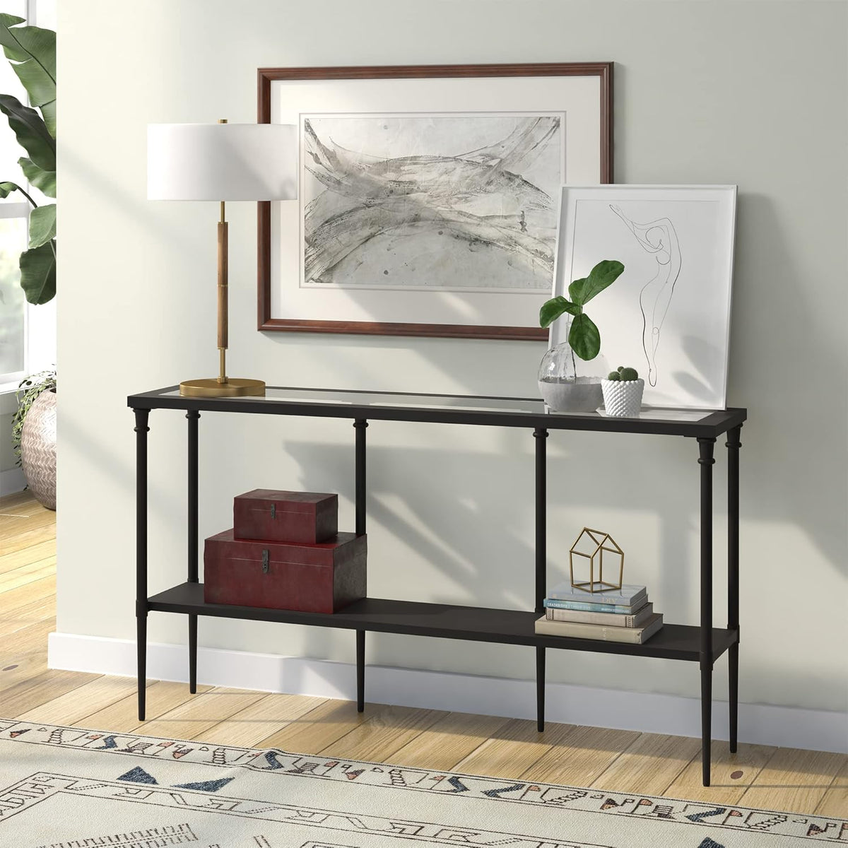 Nellie 55'' Wide Rectangular Console Table with Metal Shelf in Blackened Bronze