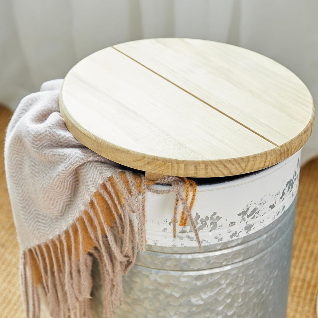 Glitzhome Rustic End Table Set of 2, Farmhouse Galvanized Metal Barrel Ottoman Storage Stool with Round Wood Lid for Living Room Furniture, Distressed White