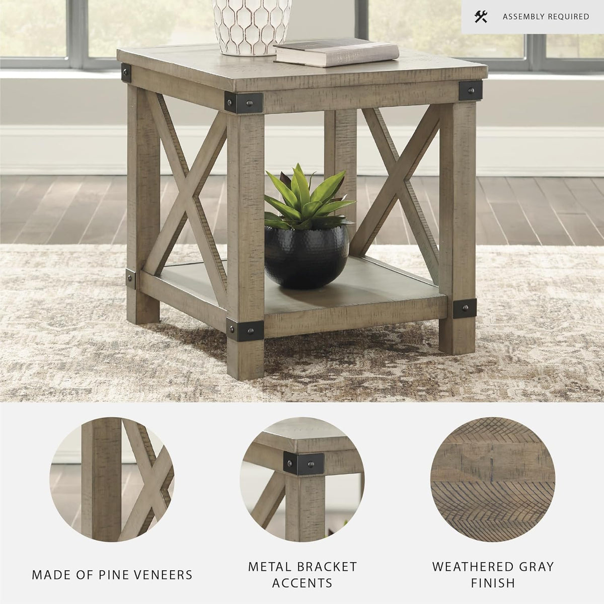 Signature Design by Ashley Aldwin Casual Farmhouse Rectangular End Table with Crossbuck Details, Metal Bracket Accents, Wood, 25" High, Weathered Gray