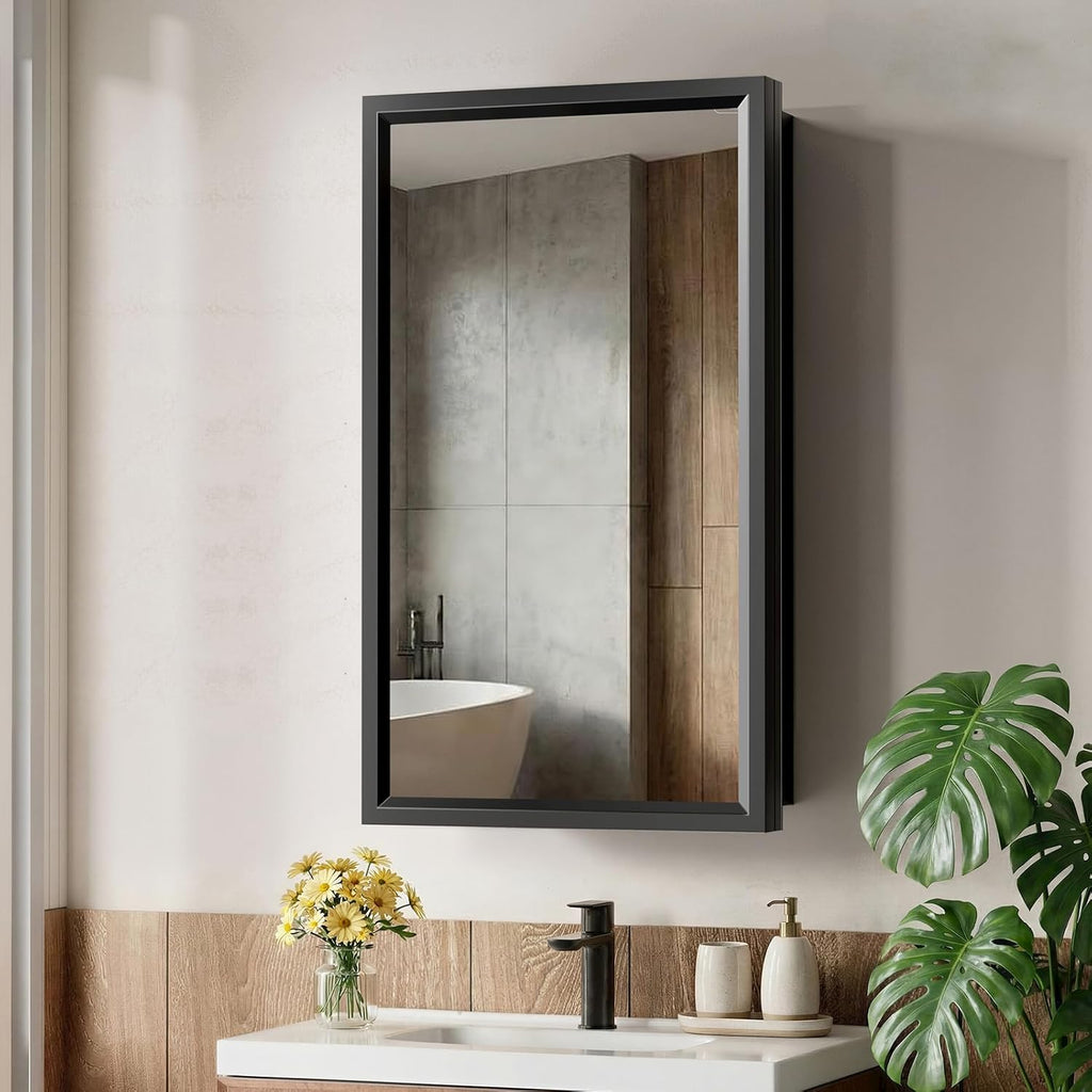 14"x24"Black Medicine Cabinets for Bathroom with Mirror, Aluminum Alloy Framed Mirror, Recessed(12.85"x22.85")or Surface Wall-Mounted(14"x24") Metal Bathroom Vanity Mirror with Storage Cabinet