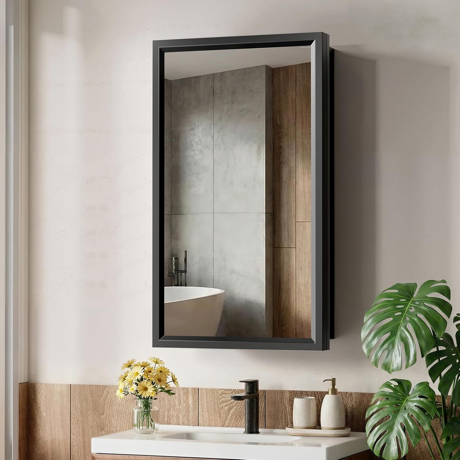 14"x24"Black Medicine Cabinets for Bathroom with Mirror, Aluminum Alloy Framed Mirror, Recessed(12.85"x22.85")or Surface Wall-Mounted(14"x24") Metal Bathroom Vanity Mirror with Storage Cabinet