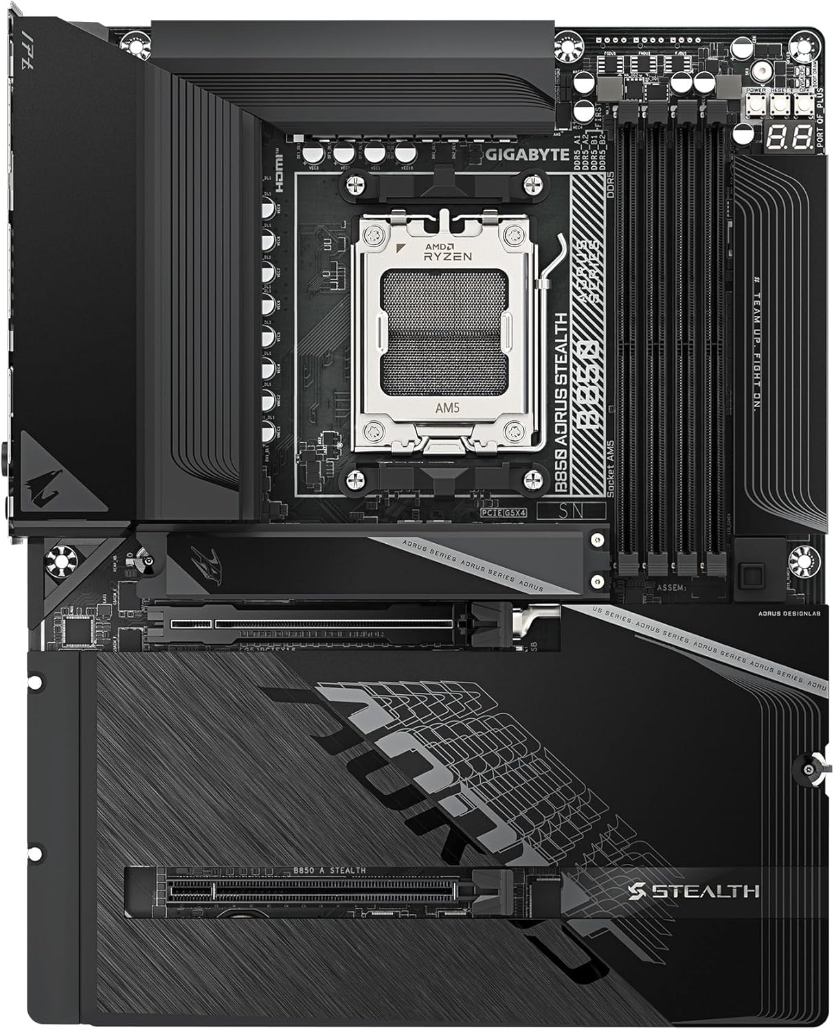 GIGABYTE B850 AORUS Stealth Reverse-Connect ATX Motherboard, Support AMD Socket AM5 Processors, DDR5, 14+2+2 Power Phase, 4X M.2, PCIe 5.0, USB-C, WIFI7, 5GbE LAN, EZ-Latch, 5-Year Warranty
