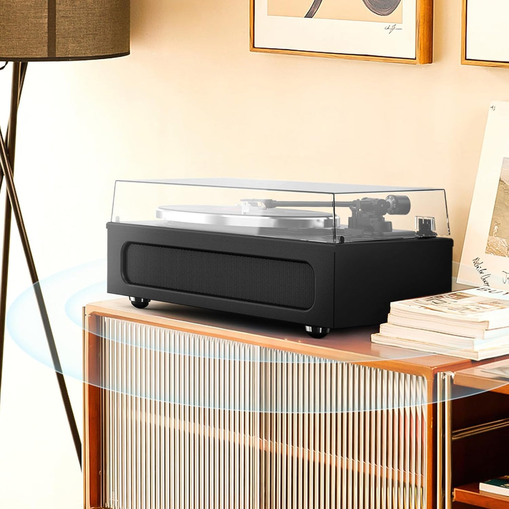 Record Player All-in-One Classic Turntable for Vinyls Records Built-in 4 Stereo Speakers High Fidelity Audio AT-3600L Phono Belt Drive Vinyl Players BT Wireless Pariing Aux-in RCA Auto Stop Pure Black