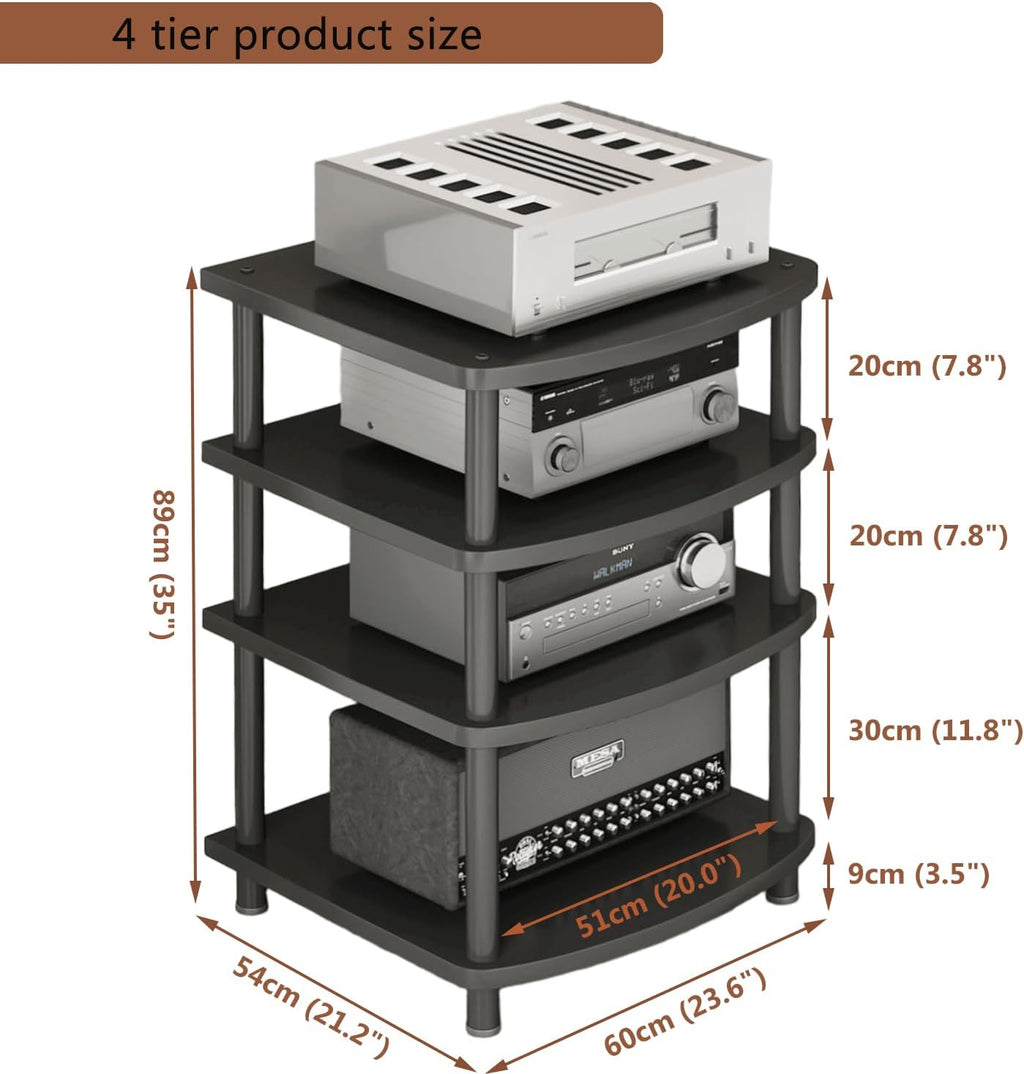 4 Tier AV Media Stand, Audio Rack Tower Adjustable Height, TV Game Console Equipment Shelf, CD Record Player Stereo Component Rack Cabinet for Home Theater Studio (Black)