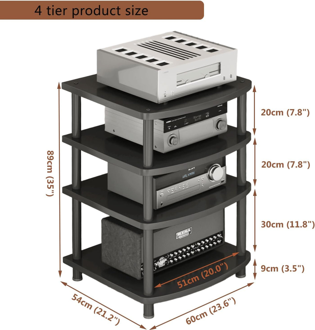 4 Tier AV Media Stand, Audio Rack Tower Adjustable Height, TV Game Console Equipment Shelf, CD Record Player Stereo Component Rack Cabinet for Home Theater Studio (Black)