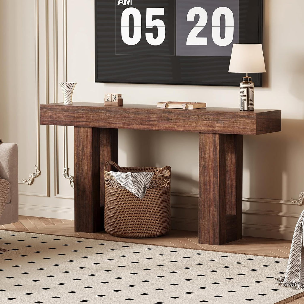 GAOMON 63 Inch Long Entry Table with Power Outlet, Farmhouse Narrow Console Table with Storage Behind Couch for Living Room, Wooden Hallway Foyer Table with Heavy Duty Base, Brown