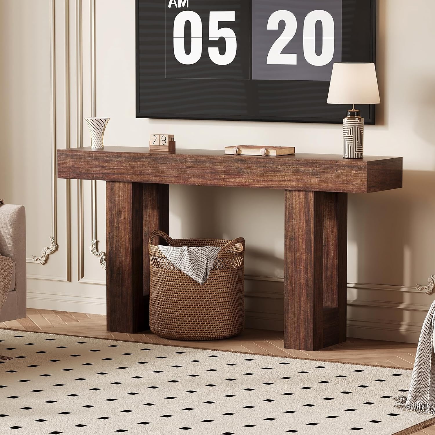 GAOMON 63 Inch Long Entry Table with Power Outlet, Farmhouse Narrow Console Table with Storage Behind Couch for Living Room, Wooden Hallway Foyer Table with Heavy Duty Base, Brown