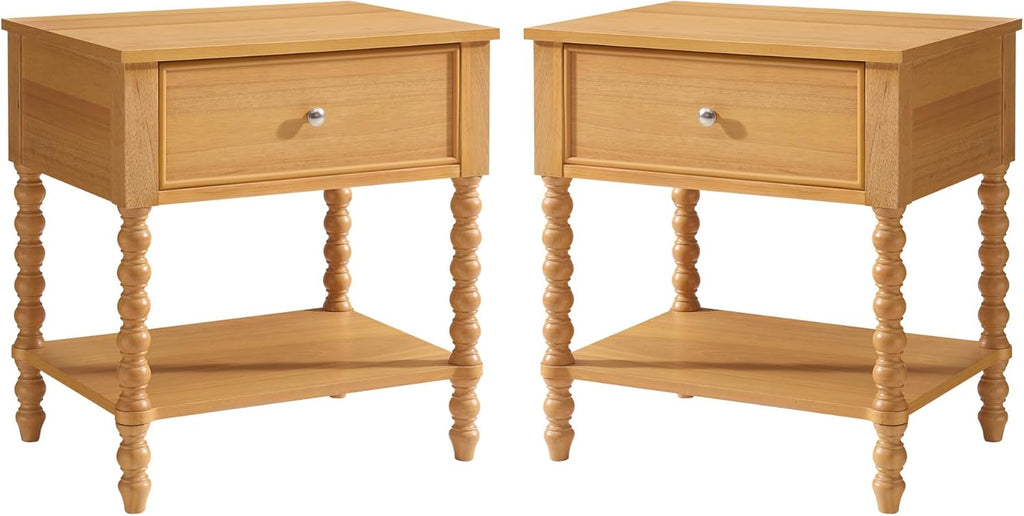 AMERLIFE 24" Wood Nightstand Set of 2, Vintage Bedside Table for Bedroom, Solid Wood Night Stand with Turned Legs, End Table with Drawer & Open Shelf, Natural Finish