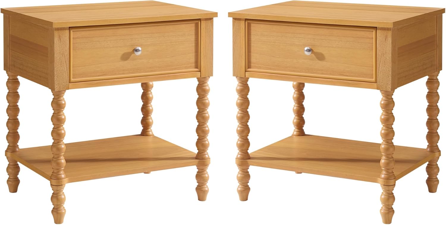 AMERLIFE 24" Wood Nightstand Set of 2, Vintage Bedside Table for Bedroom, Solid Wood Night Stand with Turned Legs, End Table with Drawer & Open Shelf, Natural Finish