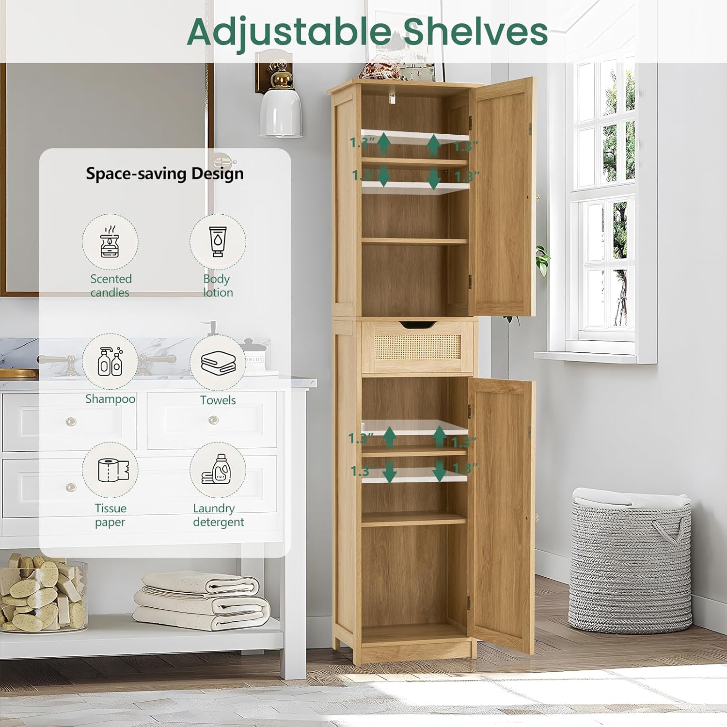 Iwell Tall Narrow Storage Cabinet with Doors, Rattan Cabinet with Adjustable Shelves, Freestanding Linen Storage for Living Room, Entryway, Kitchen, Bathroom, Natural