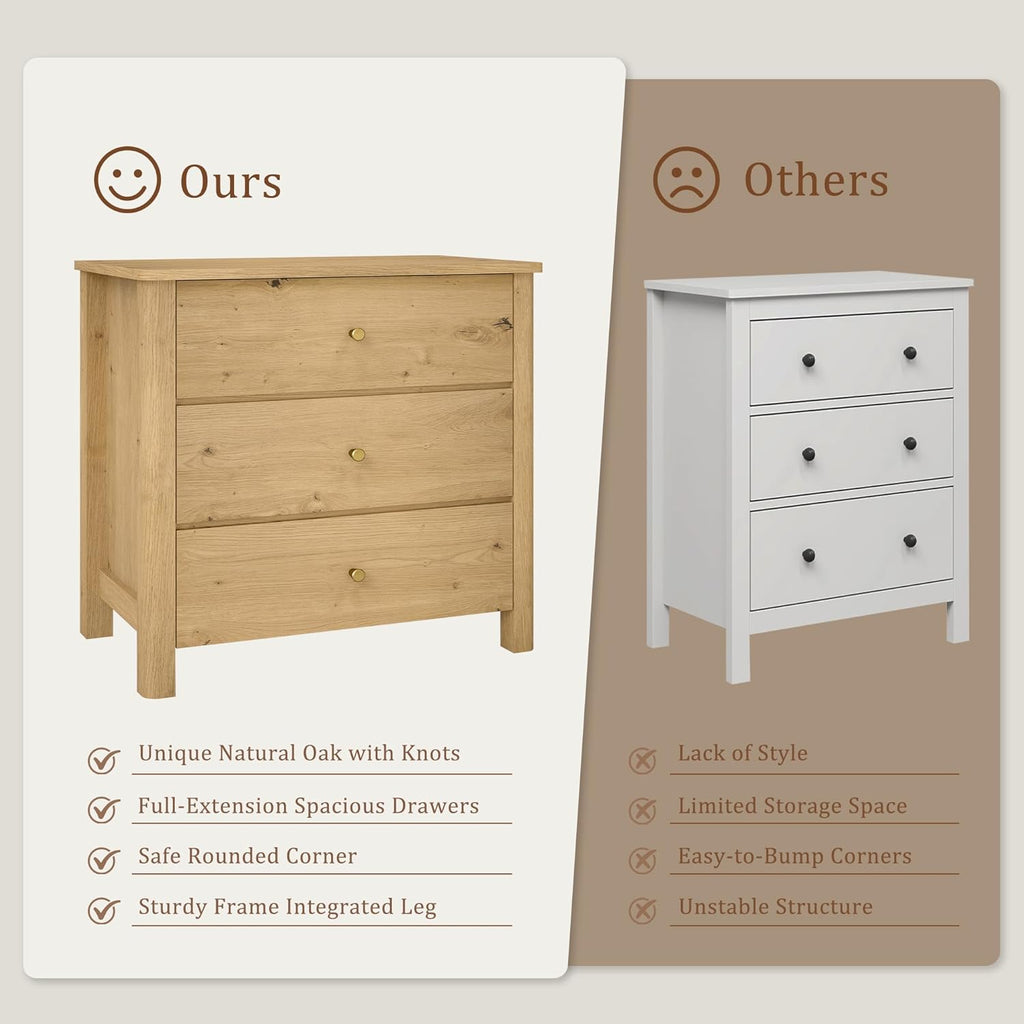 Large Oak Wood Nightstand with 3 Drawers, 27" Tall Modern Mid Century Bedside Table for King & Queen Beds, Sturdy Dresser Nightstand for Bedroom, Natural Grain