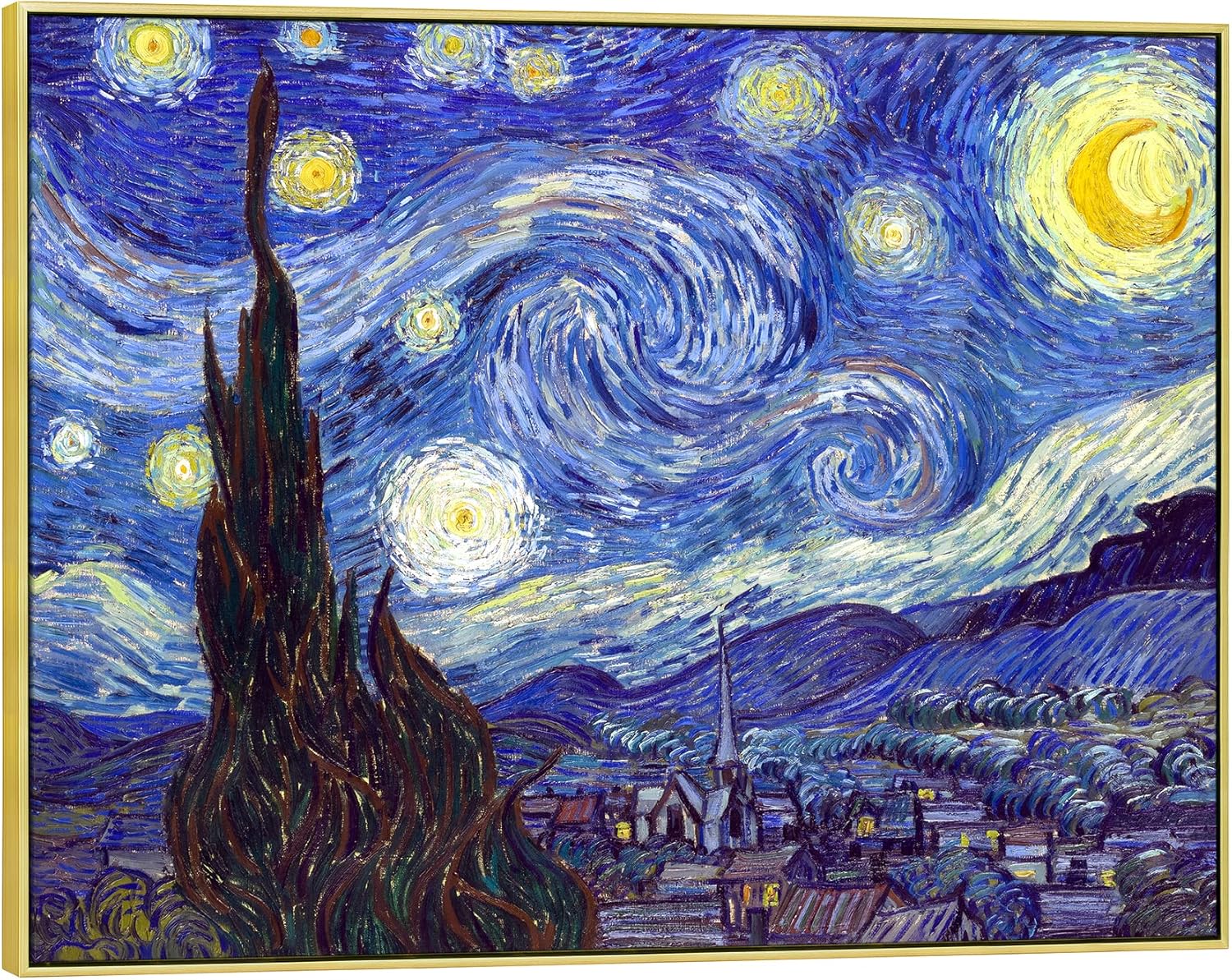 Wieco Art Large Framed Art Giclee Canvas Prints of Starry Night by Vincent Van Gogh Paintings Reproduction Post-Impressionism Artwork for Living Room Home Bedroom Decorations, 40x30inch (Framed)